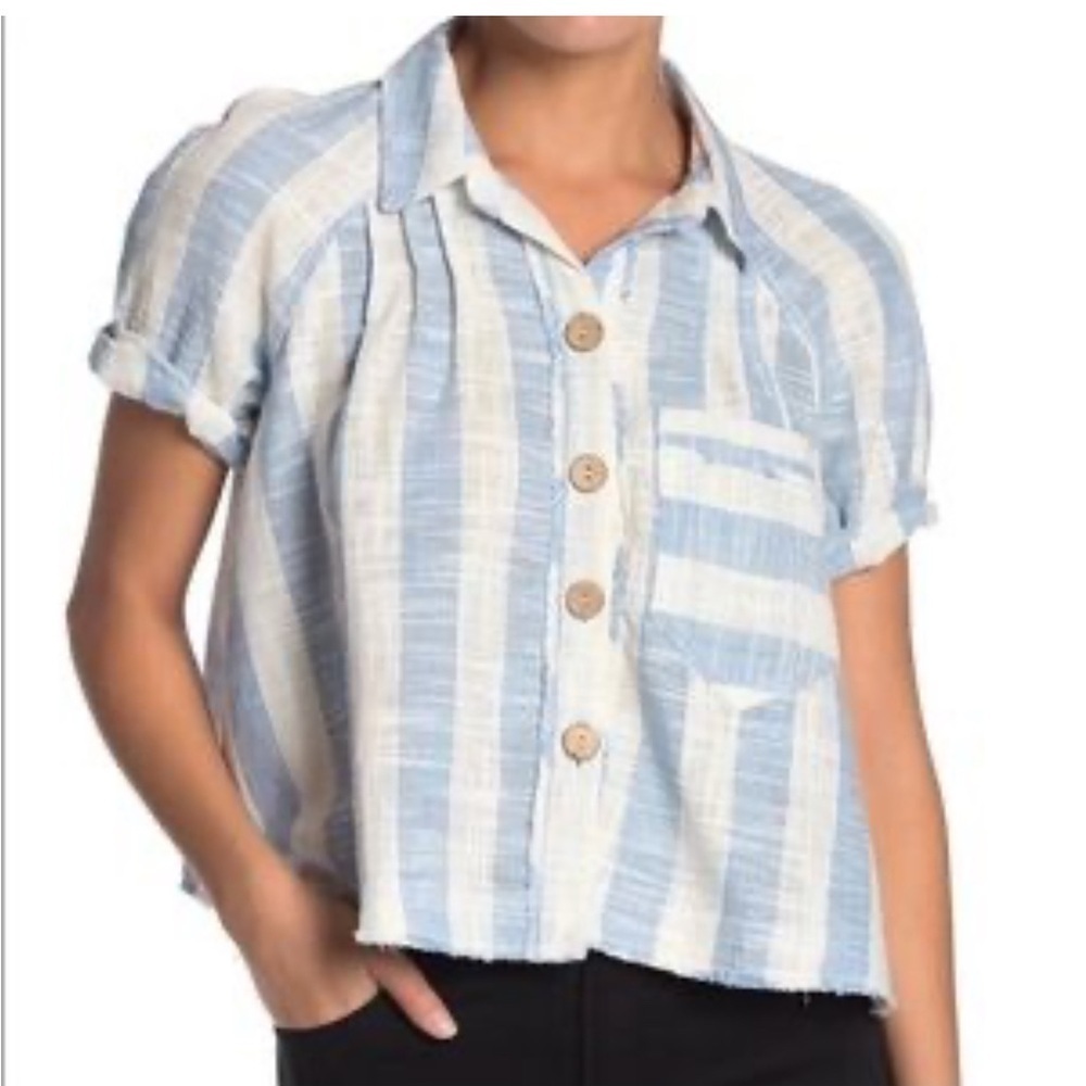 We The Free Blue and White Striped Crop Button-Up Top